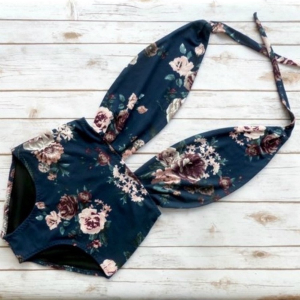 Floral One-piece Bikini Swimsuit with Deep V Neck
